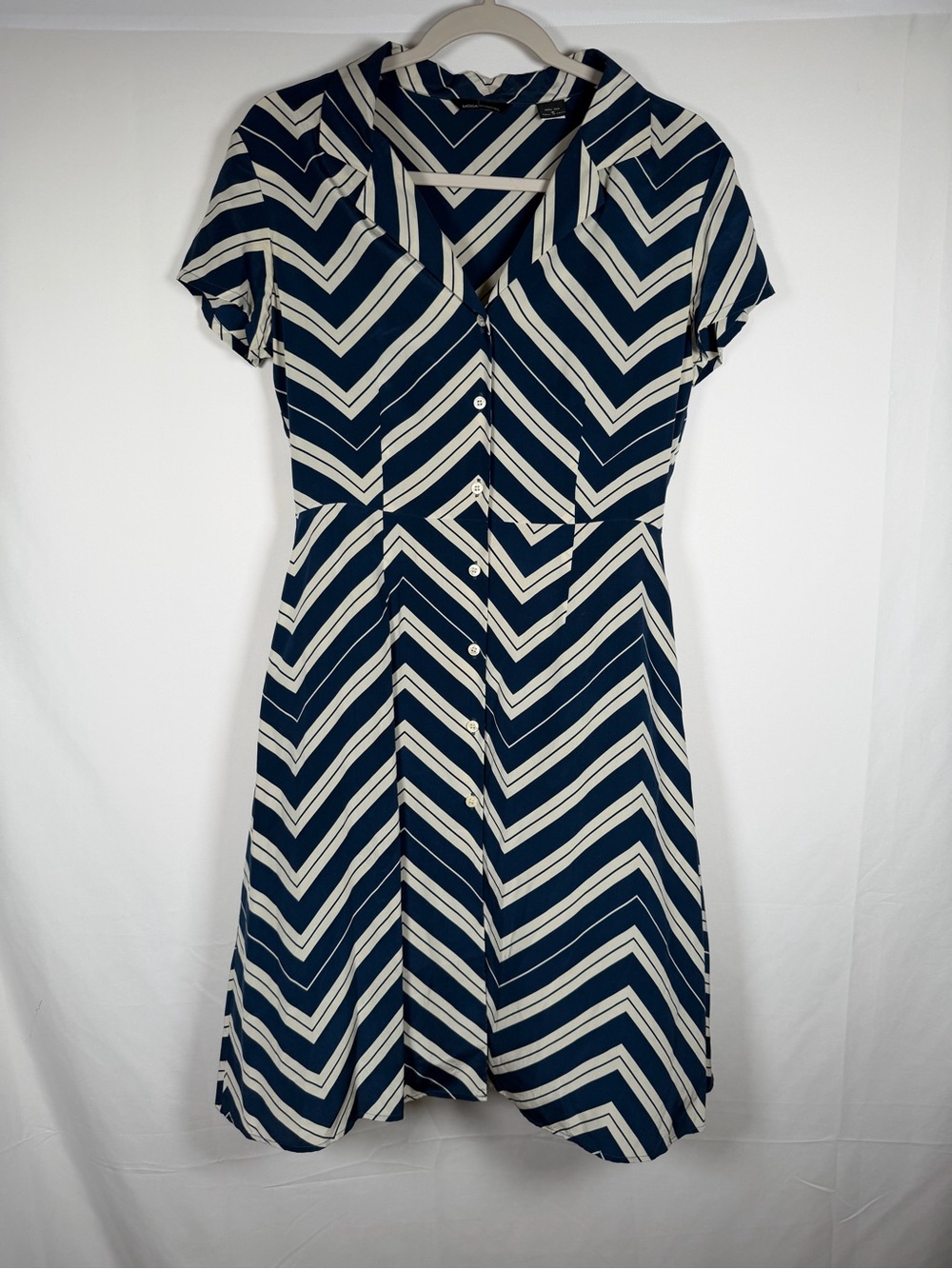Preppy, Nautical, Old Money‎ Navy and White Chevron 100% Silk Midi Dress
